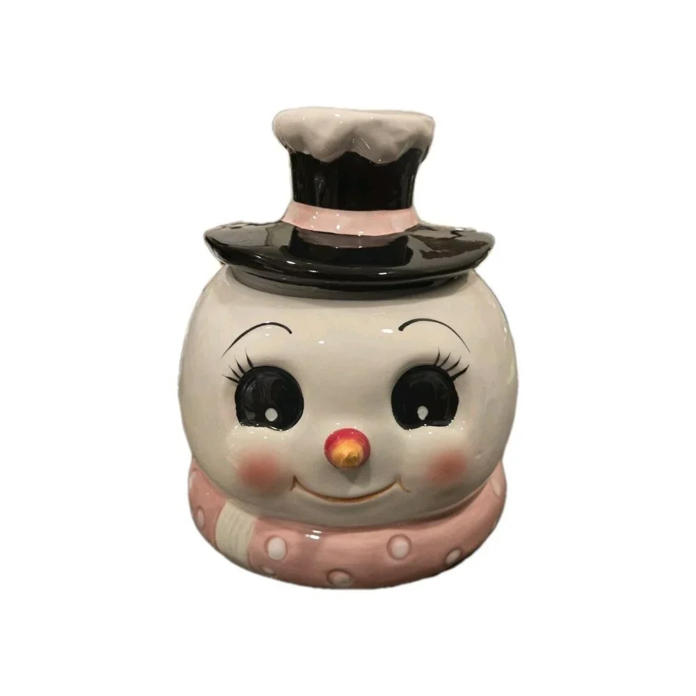 New Holiday Christmas Pink Frosty the Snowman Cookie Jar Kitchen Room Decor